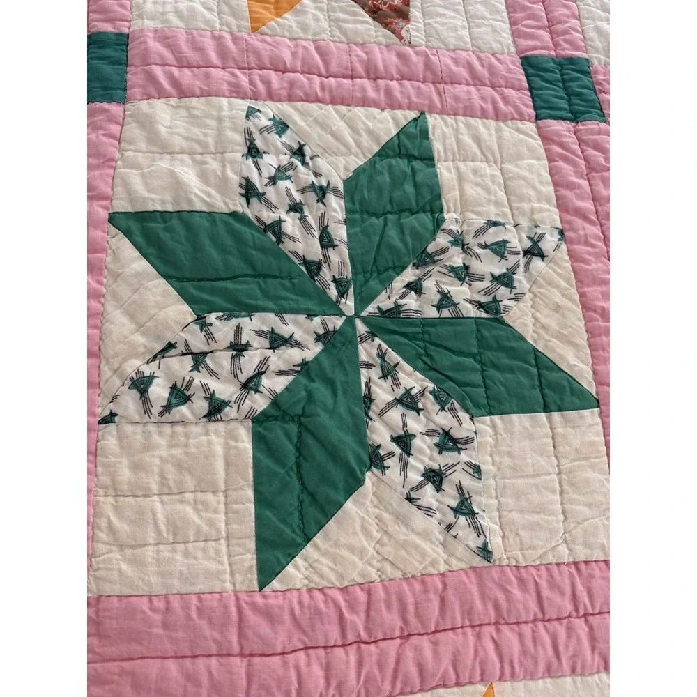 Vintage Hand Quilted Pinwheel Star Quilt 78x90 Handmade Feedsack c.1940s
